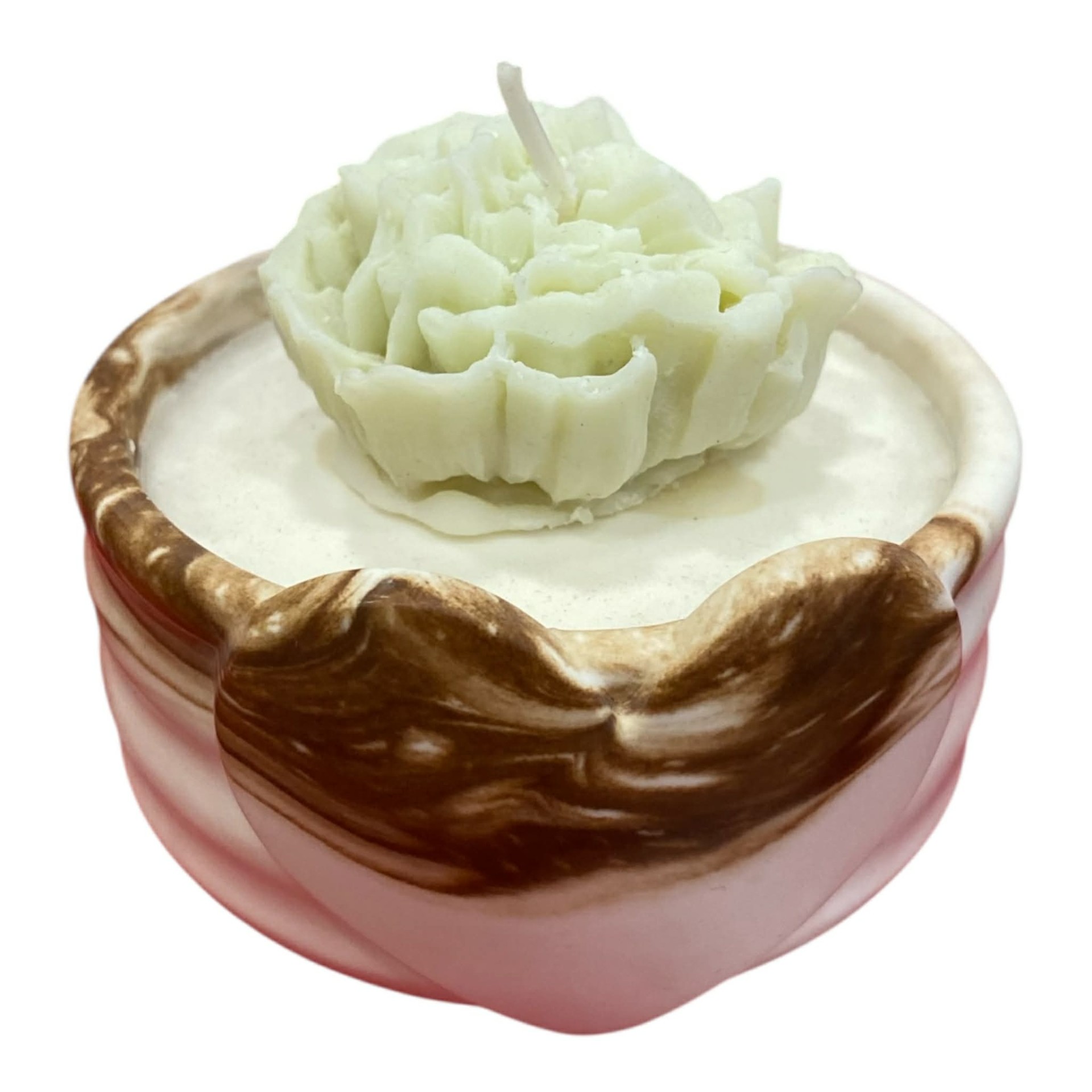 Χειροποιητο αρωματικό κερί σε σχημα παιώνια σε κεραμεικό δοχείο με καρδιά